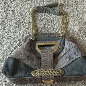 Randolph Duke Taupe Snake-Embossed & Charcoal Chain-Accent Shoulder Bag